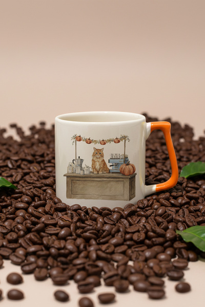 giftkonsept Autumn Themed Cute Cat No:6 Printed Orange D Mug Cup with Handle