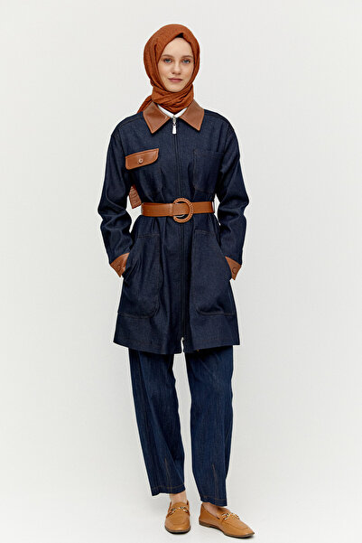 Setrms Suni Deri Detaylı Kemerli Pamuklu Kap