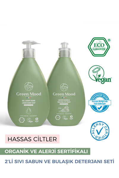 Green Mood Doğal ve Organik Sertifikalı 2'li Sıvı Sabun ve Elde Bulaşık Deter...