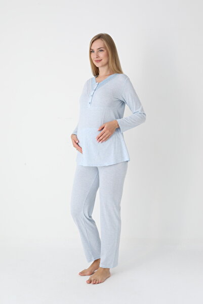 BLACKMORE Women's Blue Shawl Collar Cotton Jacquard Patterned Winter 3-Piece Pajama Set with Dressing Gown