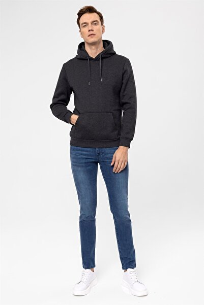 SÜVARİ Oversized Wide Cut Cotton Soft Textured Fleece Inside Basic Hooded Anthracite Sweatshirt