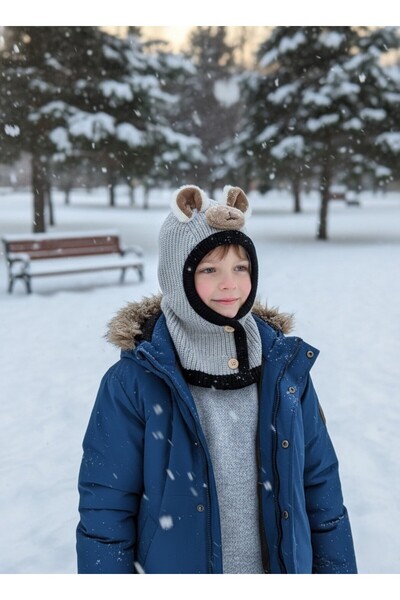 Kitti 4-8 Yaş Çocuk Polarlı Balaklava Bere- Açık Gri