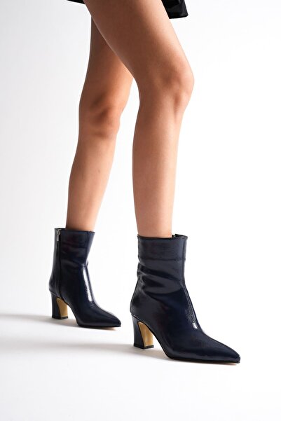 MARCHEO Nadia Women's Navy Blue Patent Leather Thick Heeled Winter Boots