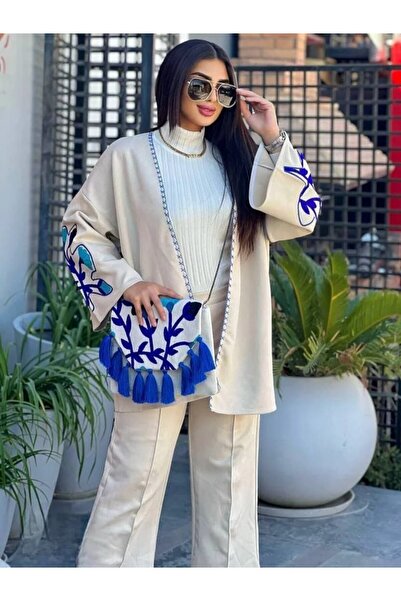 SWAN.AE Two-piece set, pants and wide jacket with embroidery and bag, suede, FREE SIZE UP TO 90 KG, Chic