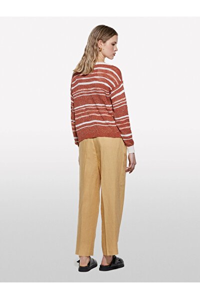 Sisley 100% Linen Front Pleated Detail High Waist Jogger Pants Women's Yellow Trousers - 325P4Aghlf06R