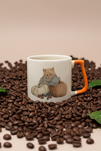 giftkonsept Autumn Themed Cute Cat No:11 Printed Orange D Mug with Handle