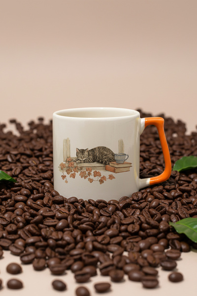 giftkonsept Autumn Themed Cute Cat No:10 Printed Orange D Mug with Handle