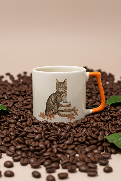 giftkonsept Autumn Themed Cute Cat No:7 Printed Orange D Mug with Handle