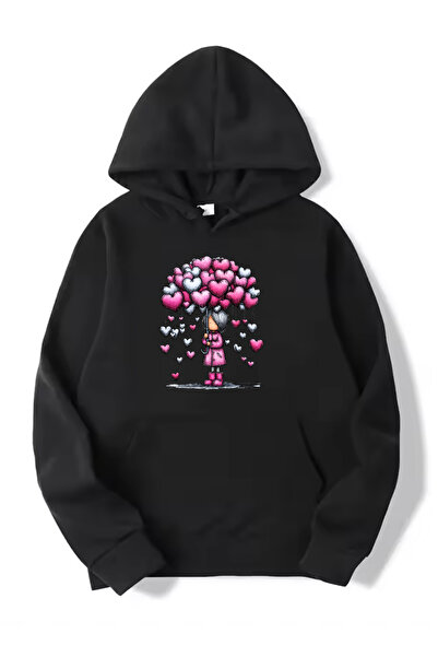 SUNFREE SWEATSHIRT NEGRU DE BUMBAC cu glugă CU IMPRIMARE IN FORMA DE INIMĂ PENTRU FATĂ DRĂGĂ