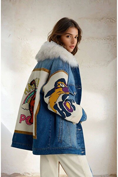 Lavanta Tekstil Palton din denim cu design de pluș în interior