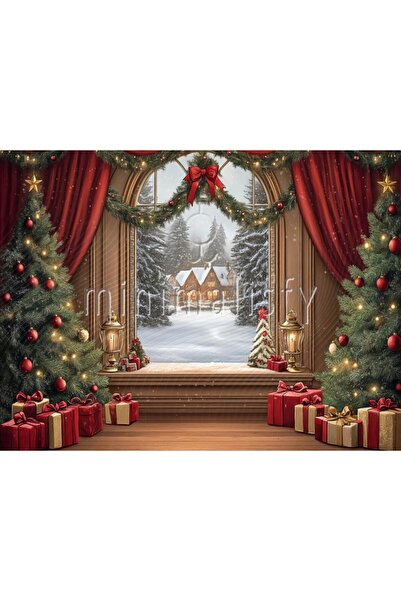 Minimalisfy Büyülü Noel Evi Penceresi, Karlı Manzara Temalı 200x150cm Stüdyo ...