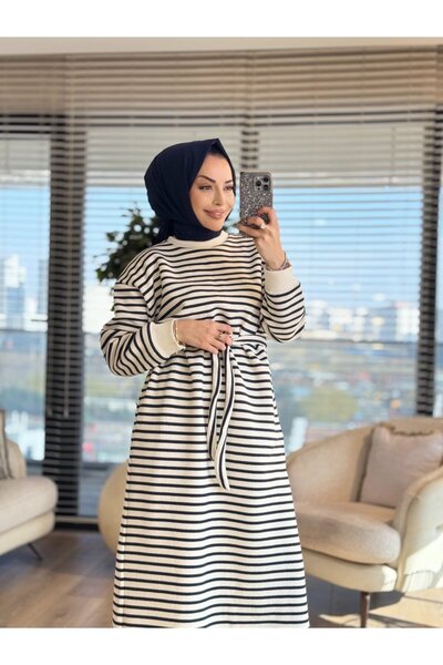 ALANURMODA 3177 فستان مخطط بثلاثة خيوط