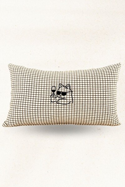 Elegancembroidery %100 Keten Nakışlı Dekoratif Yastık – Gözlüklü Kedi Desenli...