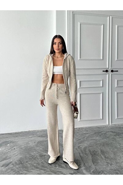 hillone Set de pantaloni tricotat cu glugă și fermoar, bej