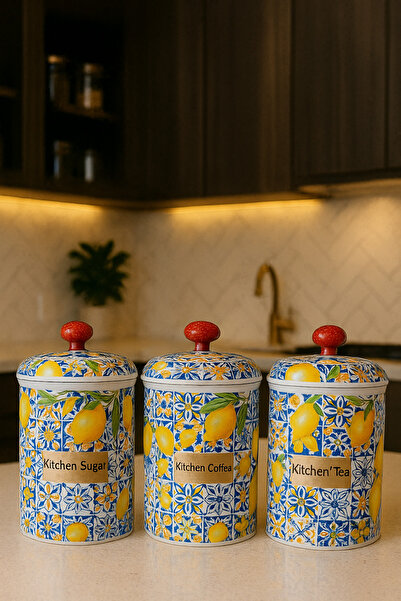 sonnenflügel Limon Çiçek Desenli 3'lü Set Plastik Saklama Kavanozu Kahve Çay ...
