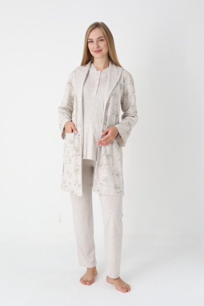 BLACKMORE Women's Mink Shawl Collar Cotton Jacquard Patterned Winter 3-Piece Pajama Set with Dressing Gown