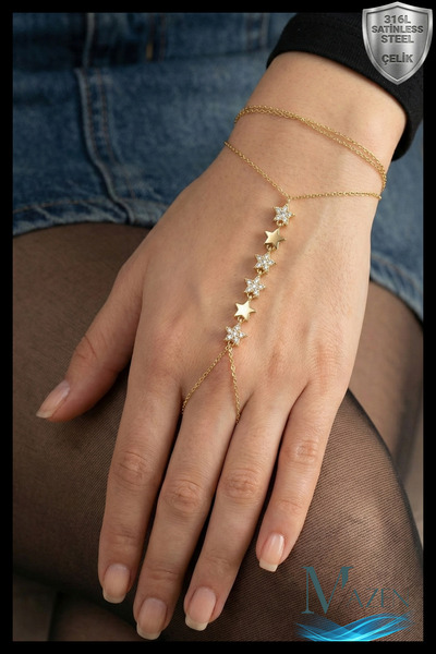 MAZEN سوار سلسلة من الفولاذ 316L بلون ذهبي مع أحجار زركون متعددة على شكل نجوم