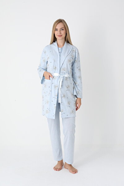 BLACKMORE Women's Blue Shawl Collar Cotton Jacquard Patterned Winter 3-Piece Pajama Set with Dressing Gown