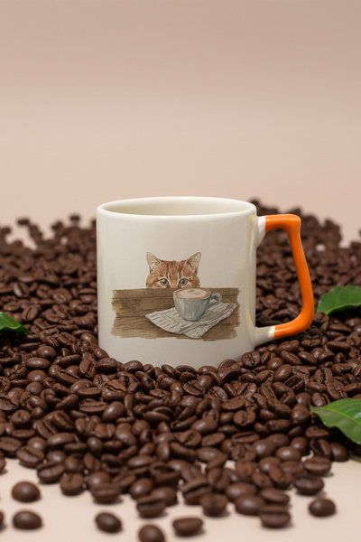 giftkonsept Autumn Themed Cute Cat No:1 Printed Orange D Mug with Handle