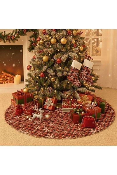 Sevenwoven Kırmızı Ekose Yılbaşı Ağaç Altı Örtüsü ve Uyumlu 2’li Çorap