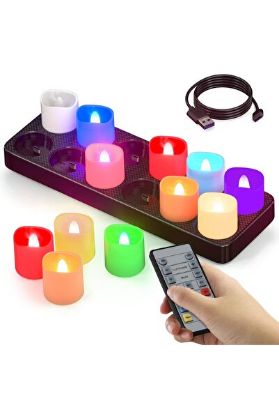 SoulBay شموع شاي LED قابلة لإعادة الشحن ومتغيرة اللون بدون لهب، 12 قطعة