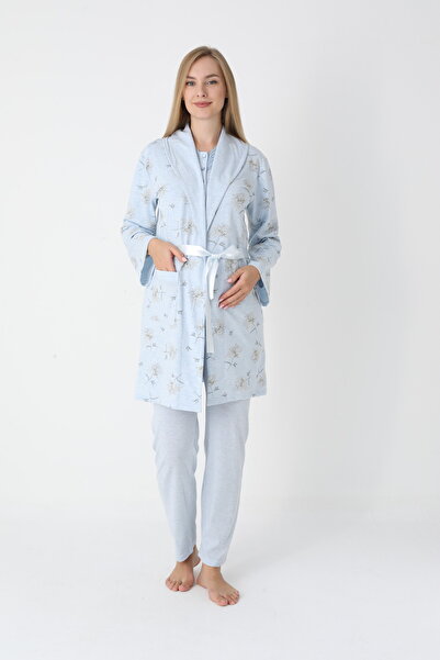 BLACKMORE Women's Blue Shawl Collar Cotton Jacquard Patterned Winter 3-Piece Pajama Set with Dressing Gown