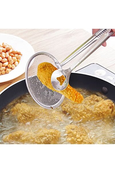 Generic A stainless steel kitchen tool for frying and cooking, featuring a fine mesh and a long handle.