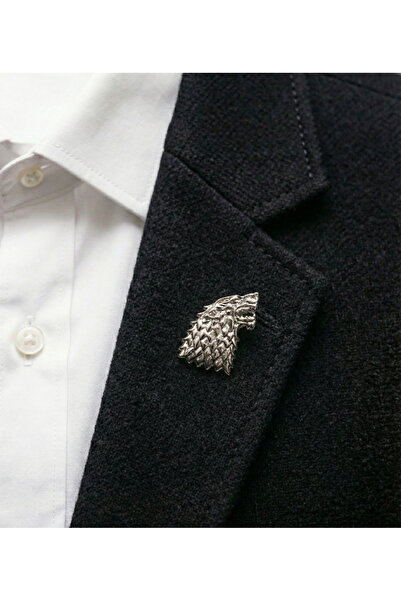 Le Voux Gümüş Gri Renk Kurt Figürlü Ceket Yaka Iğnesi Broş Rozet