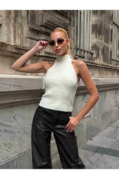 cemo Tüylü Boyundan Bağlamalı Örgü Bluz