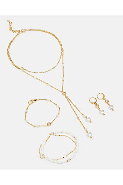 REDTAG قلادة وأساور وأقراط مزينة بالذهب للبنات (4 قطع)