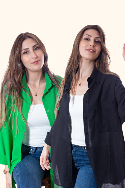 Justime قميص نسائي قصة فضفاضة من القطن والكتان باللون الأخضر والأسود