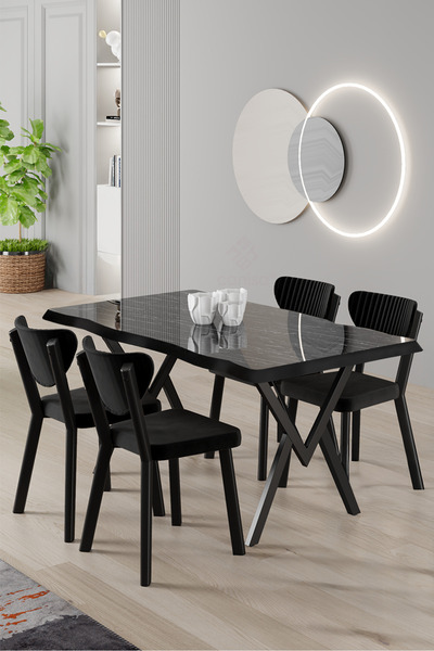 Canisa Akort Serisi MDF Sabit 80x130 Siyah Mermer Desen Mutfak Masası Takımı ...