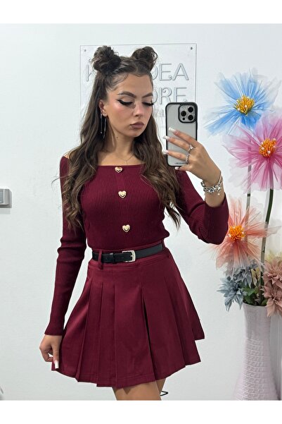 KATYDEA STORE Short pleated burgundy skirt with integrated shorts and waist belt (Wella)