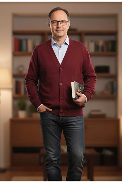 güncüoğlu Long Sleeve Buttoned Series End Flat Burgundy Color Steel Knitted Men's Cardigan