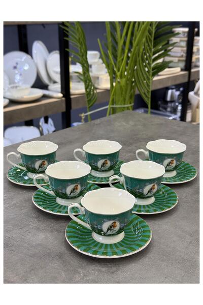 Doğudeko Luxury Porcelain Bird 6-Piece Cup Set Green