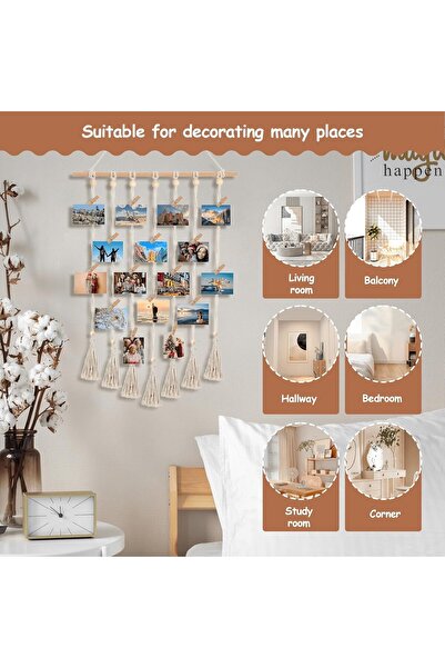 KASTWAVE Hanging Photo Display Macrame Wall Hanging with 30 Clips - Boho Photo Display