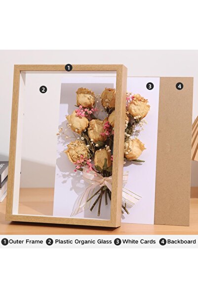 BIGTHREE 3D Photo Frame, Flowers Shadow Box Display Case, HD Glass Wooden White Hollow Photo Frame
