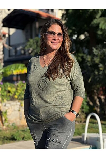 Punta Otantik Nc20663 Lace V-Neck Italian Knit Blouse Khaki