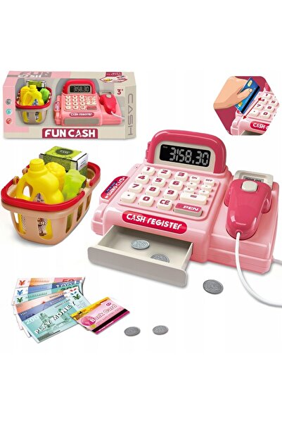 Matadi Cash register with real computer, shopping cart and accessories Pink