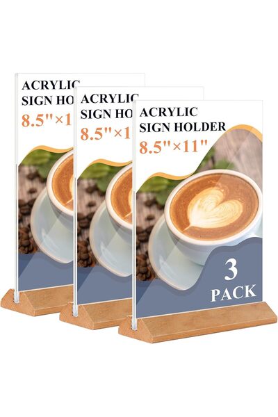 EXCEFORE حامل لافتات أكريليك مقاس 8.5×11 A4، حامل عرض على شكل حرف T مزدوج الجوانب بقاعدة خشبية