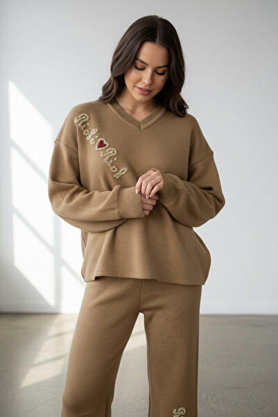 NEWCO Plain Textured Pearl Embroidered V-Neck Knitwear Two-Piece Regular Suit