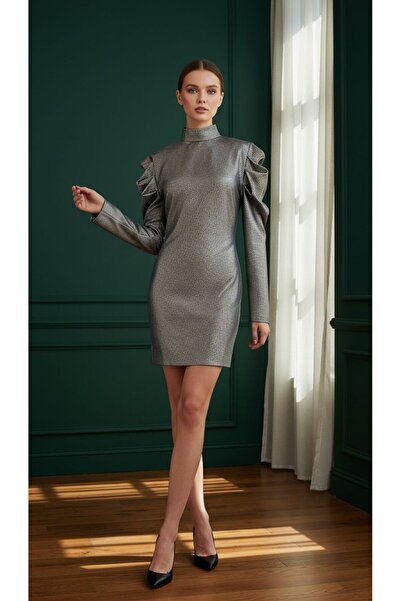 Eight Fashion Women's Stylish Shiny Pleated Balloon Sleeve Mini Dress