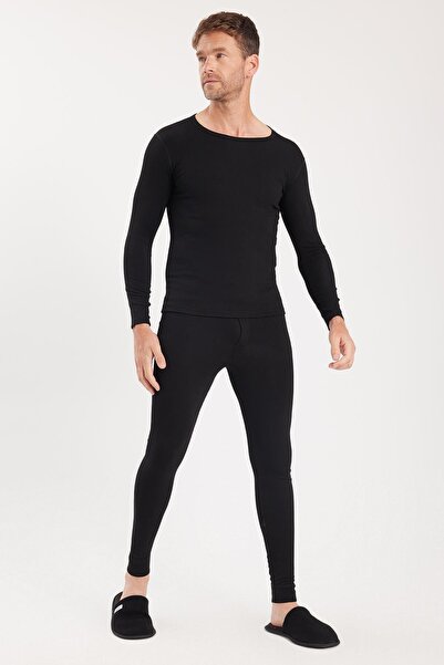 Tudors Men's Slim Fit Slim Fit Crew Neck Black Thermal Underwear Set