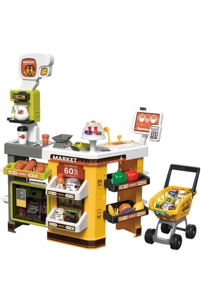 Matadi Yellow/Green interactive supermarket set with trolley and 65 accessories included, refrigerator