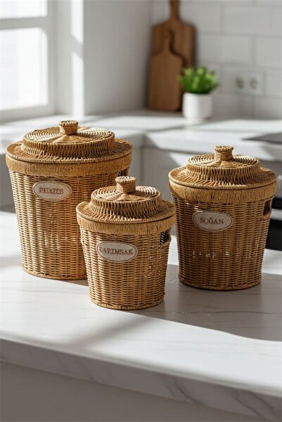 Bayev 3-Piece Burl Set Potato Onion Garlic Basket with Wicker Lid - 3 Sizes Rattan Vegetable Basket