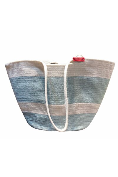 Sevenwoven Large Size Picnic and Beach Bag Striped Cream Straw Beach Bag Jute Bag Hand and Shoulder Bag Blue