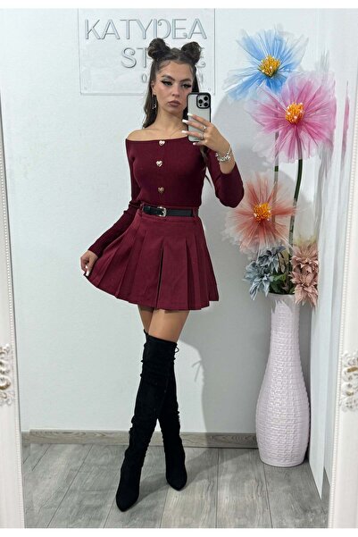 KATYDEA STORE Short pleated burgundy skirt with integrated shorts and waist belt (Wella)