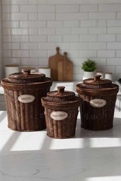 Bayev 3-Piece Burl Acacia Set with Wicker Lid Potato Onion Garlic Basket - 3 Sizes Rattan Vegetable Basket