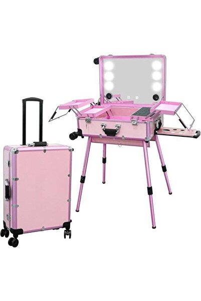 REXA R حقيبة مكياج متدحرجة مع مرآة مضيئة، منظم مستحضرات تجميل كبير مقاس 24 بوصة مع بلوتوث