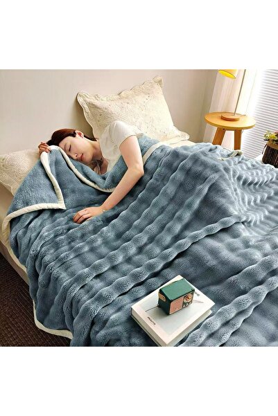 Truva Grup Fluffy Blanket Double Bed 200x230 cm – Faux Rabbit Fur, Turquoise, Ultra Soft
